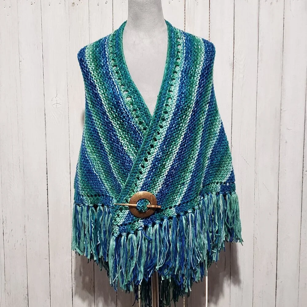NEW Blue Green Ombre‎ Hand Knitted Shawl Wrap Scarf Boho Coastal Indie Artsy Mod